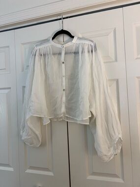 H&M White Sheer Linen Button-Up Puff Sleeve Blouse